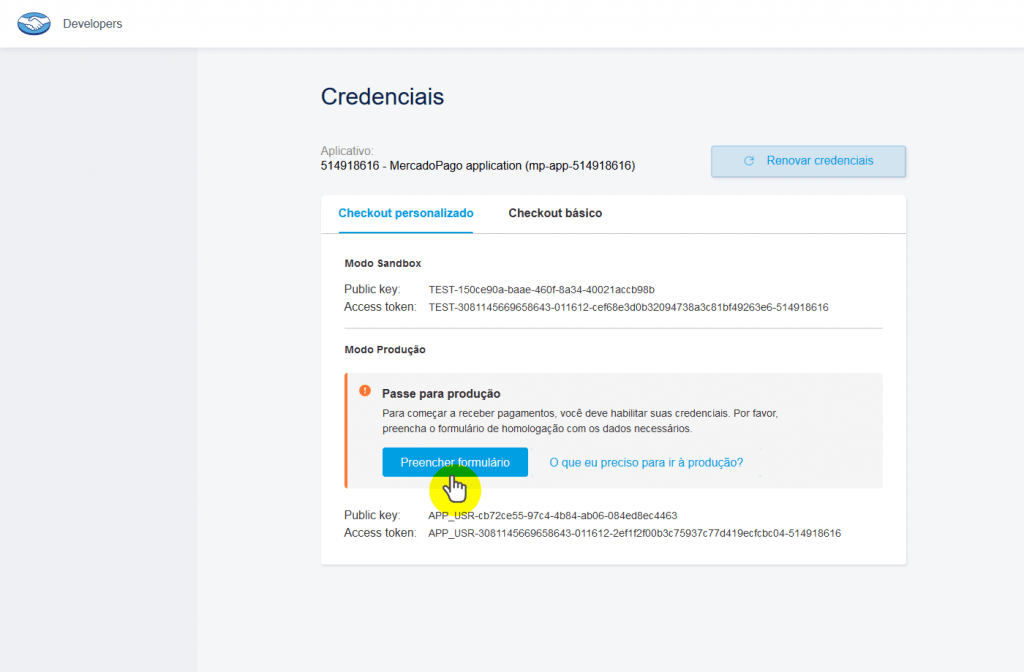 Como gerar o Public Key do MercadoPago e Token do MercadoPago